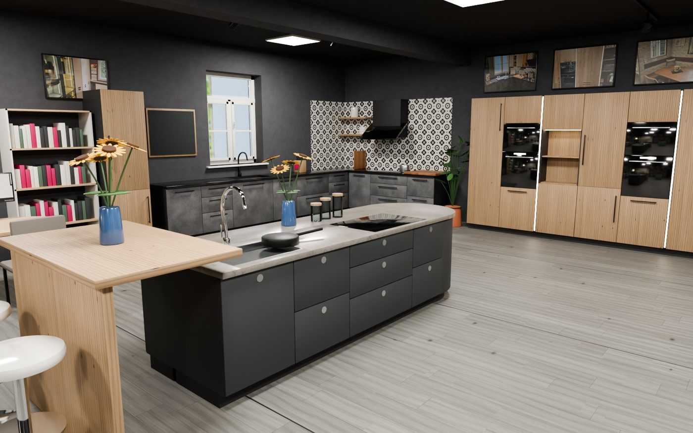 3D-Visualisierung einer Kochinsel mit Bartisch